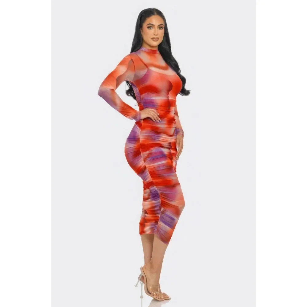 Summer Heat Print Mesh Ruched Midi Dress - Picture 2 of 3